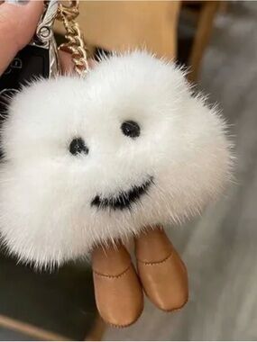 White Cloud Fur Keychain Bag Charm with Tan Boots
